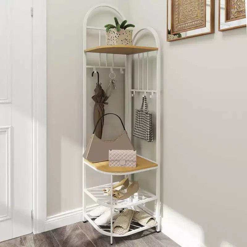 Árbol de entrada de esquina de 4 niveles con banco para zapatos y 6 ganchos – Marrón / Natural / Blanco – 1 persona