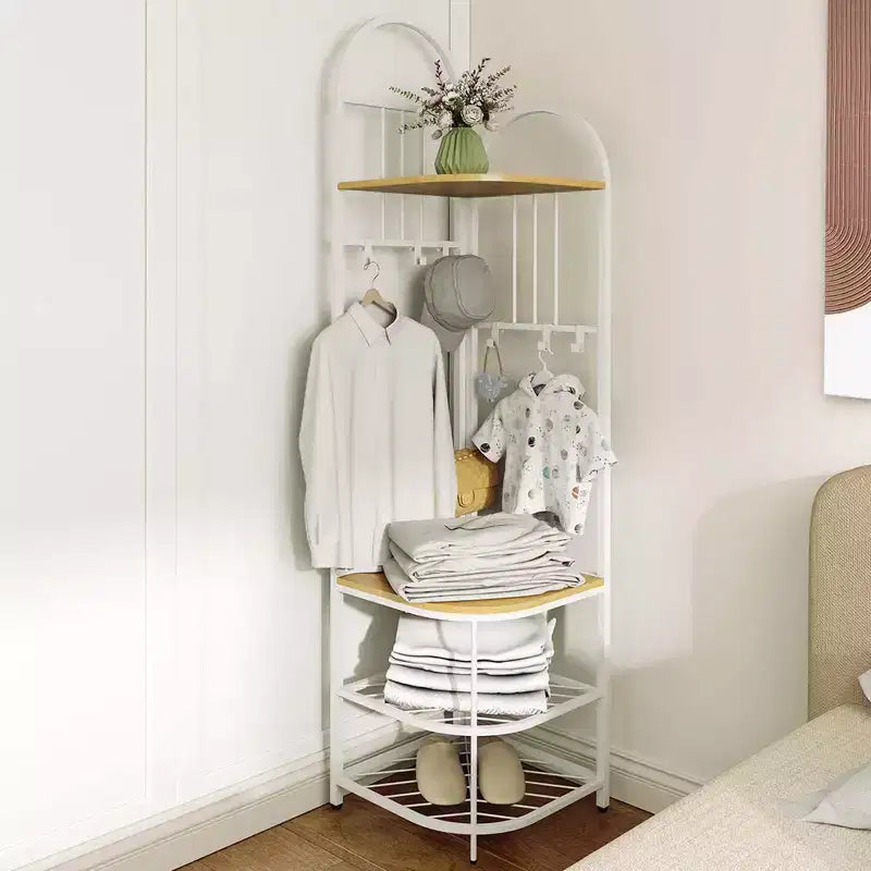 Árbol de entrada de esquina de 4 niveles con banco para zapatos y 6 ganchos – Marrón / Natural / Blanco – 1 persona