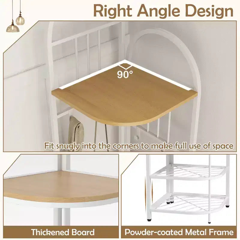 Árbol de entrada de esquina de 4 niveles con banco para zapatos y 6 ganchos – Marrón / Natural / Blanco – 1 persona