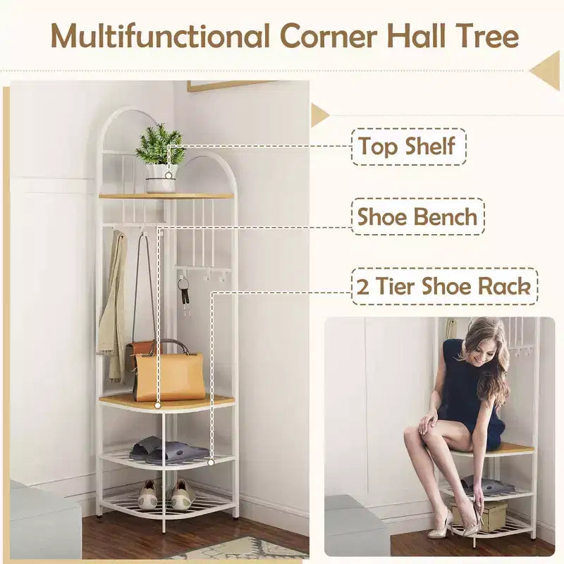 Árbol de entrada de esquina de 4 niveles con banco para zapatos y 6 ganchos – Marrón / Natural / Blanco – 1 persona