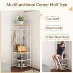 Árbol de entrada de esquina de 4 niveles con banco para zapatos y 6 ganchos – Marrón / Natural / Blanco – 1 persona