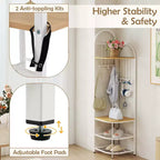 Árbol de entrada de esquina de 4 niveles con banco para zapatos y 6 ganchos – Marrón / Natural / Blanco – 1 persona