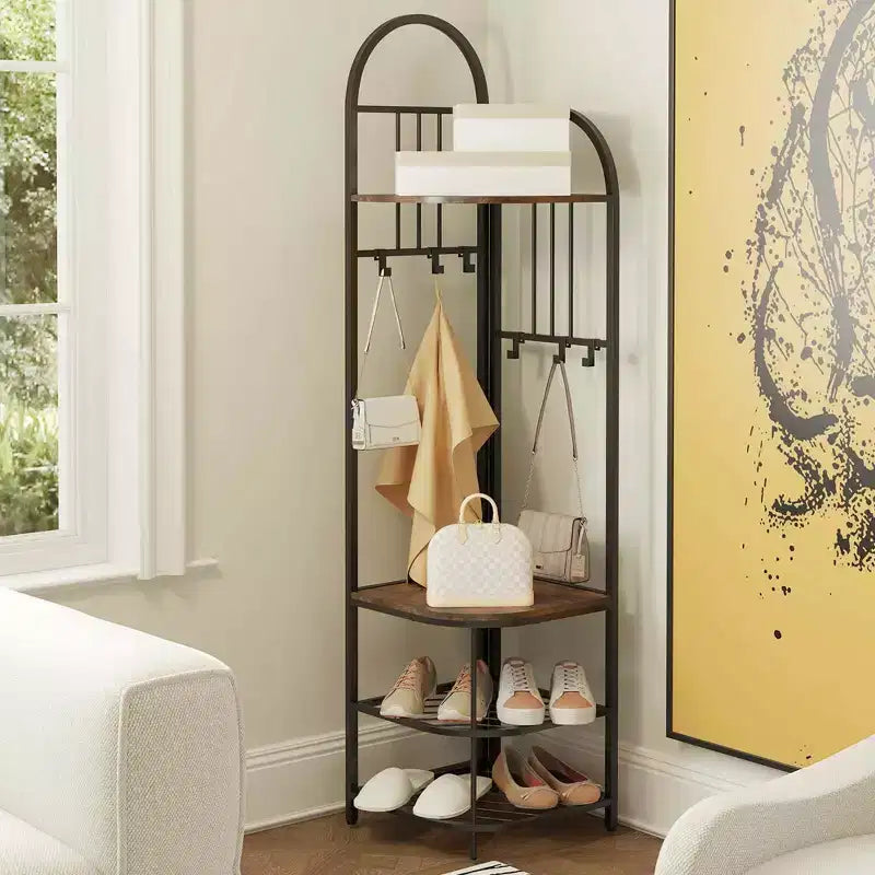 Árbol de entrada de esquina de 4 niveles con banco para zapatos y 6 ganchos – Marrón / Natural / Blanco – 1 persona