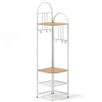 Árbol de entrada de esquina de 4 niveles con banco para zapatos y 6 ganchos – Marrón / Natural / Blanco – 1 persona