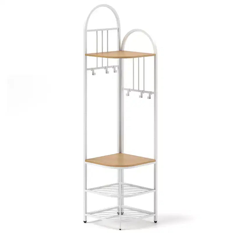 Árbol de entrada de esquina de 4 niveles con banco para zapatos y 6 ganchos – Marrón / Natural / Blanco – 1 persona