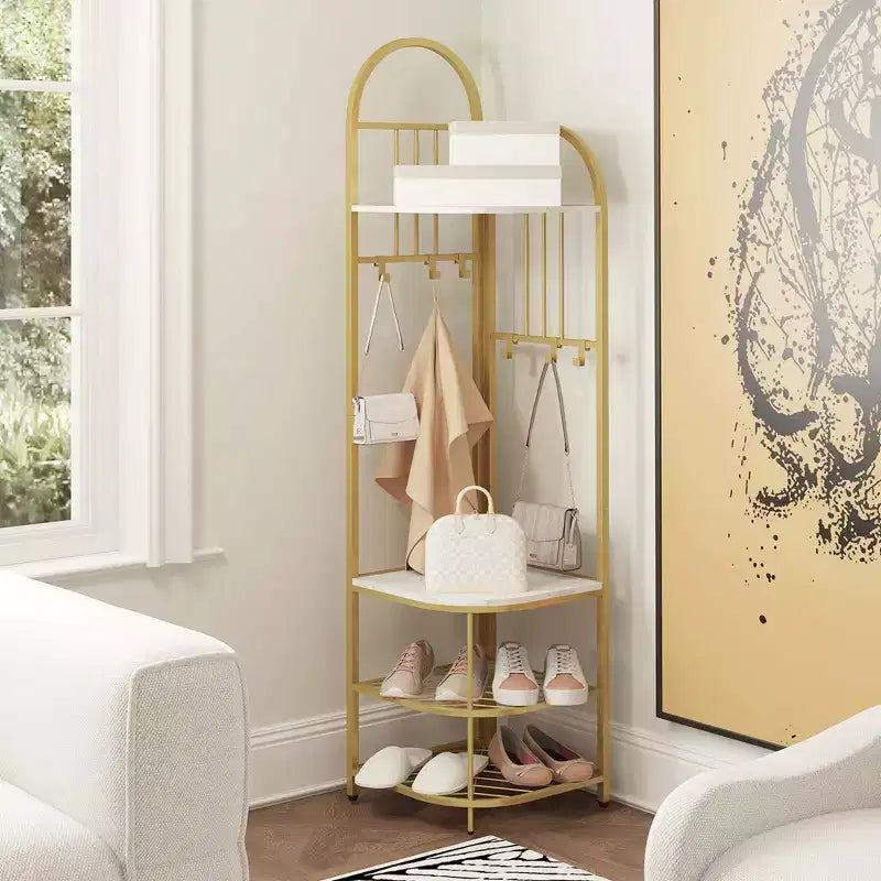 Árbol de entrada de esquina de 4 niveles con banco para zapatos y 6 ganchos – Marrón / Natural / Blanco – 1 persona
