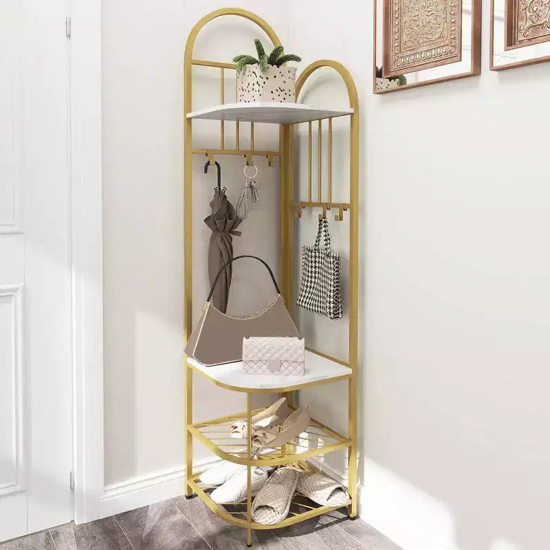 Árbol de entrada de esquina de 4 niveles con banco para zapatos y 6 ganchos – Marrón / Natural / Blanco – 1 persona