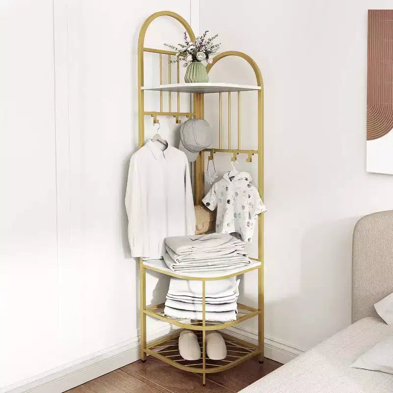 Árbol de entrada de esquina de 4 niveles con banco para zapatos y 6 ganchos – Marrón / Natural / Blanco – 1 persona