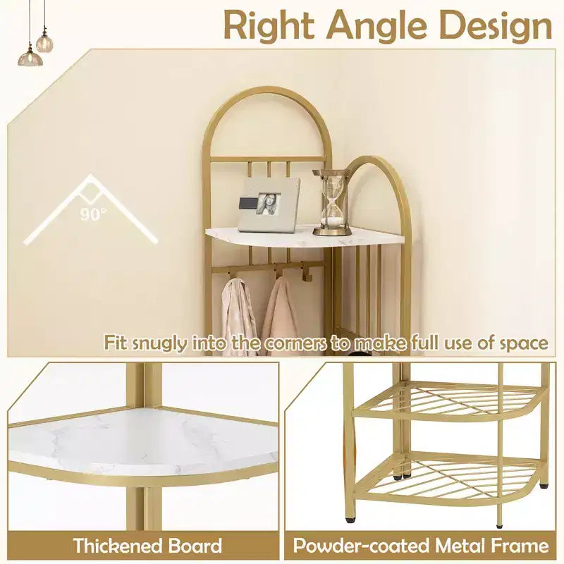 Árbol de entrada de esquina de 4 niveles con banco para zapatos y 6 ganchos – Marrón / Natural / Blanco – 1 persona
