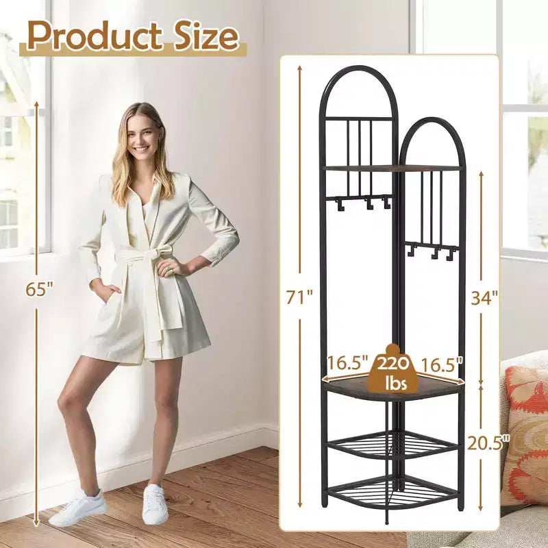 Árbol de entrada de esquina de 4 niveles con banco para zapatos y 6 ganchos – Marrón / Natural / Blanco – 1 persona
