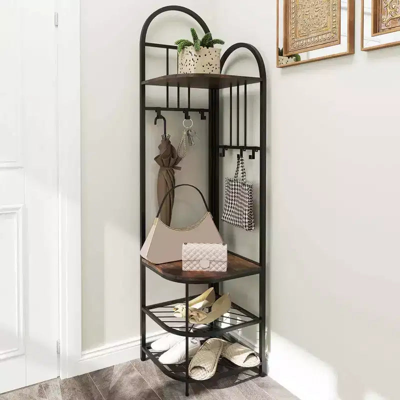 Árbol de entrada de esquina de 4 niveles con banco para zapatos y 6 ganchos – Marrón / Natural / Blanco – 1 persona