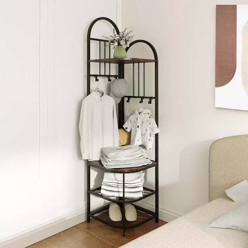 Árbol de entrada de esquina de 4 niveles con banco para zapatos y 6 ganchos – Marrón / Natural / Blanco – 1 persona