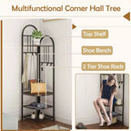Árbol de entrada de esquina de 4 niveles con banco para zapatos y 6 ganchos – Marrón / Natural / Blanco – 1 persona