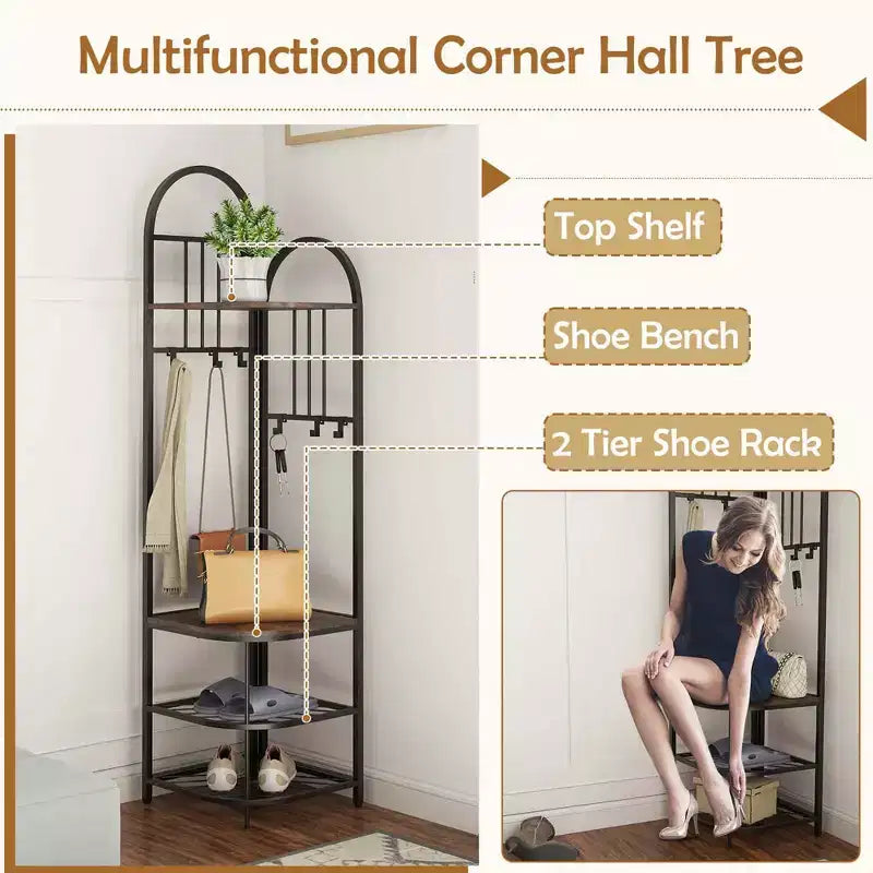 Árbol de entrada de esquina de 4 niveles con banco para zapatos y 6 ganchos – Marrón / Natural / Blanco – 1 persona