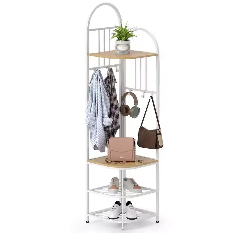 Árbol de entrada de esquina de 4 niveles con banco para zapatos y 6 ganchos – Marrón / Natural / Blanco – 1 persona