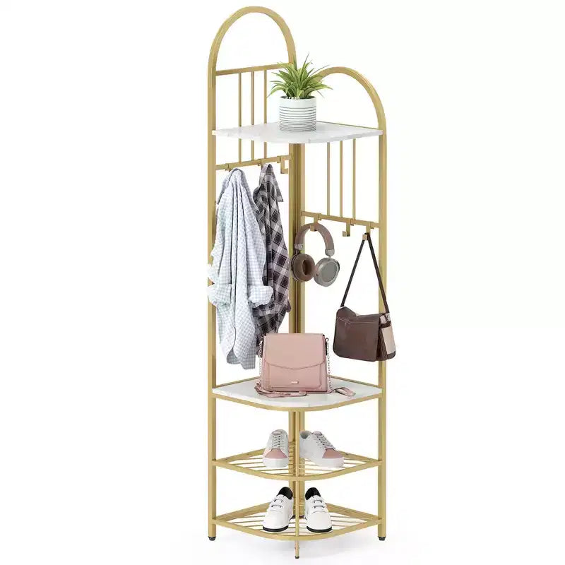 Árbol de entrada de esquina de 4 niveles con banco para zapatos y 6 ganchos – Marrón / Natural / Blanco – 1 persona