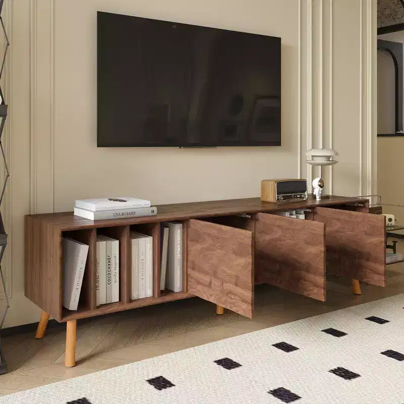 Mueble de TV de Nogal, Estilo Mediados de Siglo, Para Televisores de hasta 80", Diseño de 5 Patas, Montaje por 1 Persona