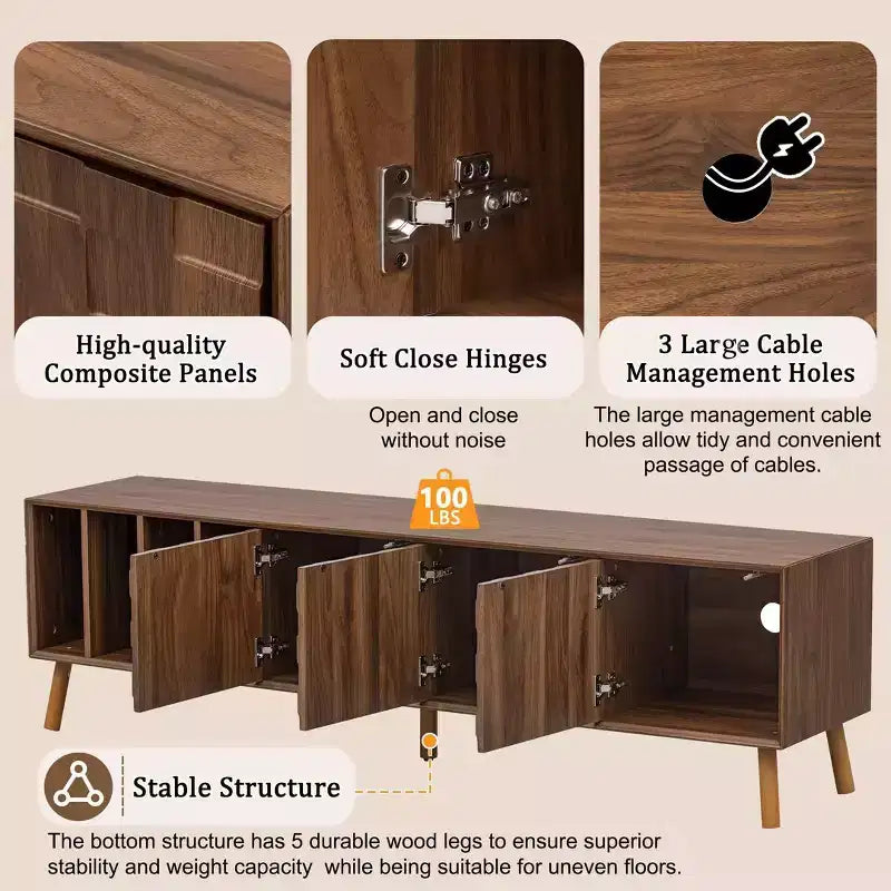 Mueble de TV de Nogal, Estilo Mediados de Siglo, Para Televisores de hasta 80", Diseño de 5 Patas, Montaje por 1 Persona