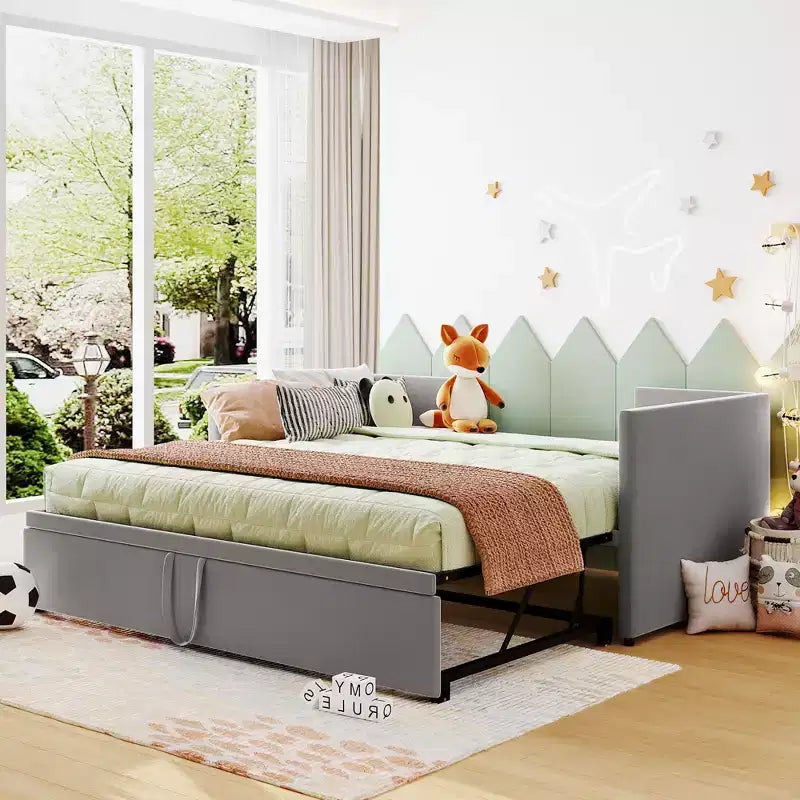 Cama nido doble de terciopelo gris/beige/rosa con nido, capacidad para 1 o 2 personas