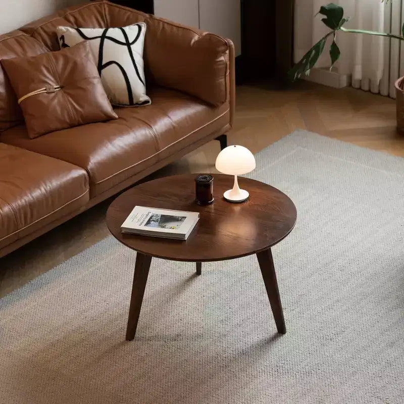 Mesa de centro redonda de madera marrón, 3 patas, 1 persona
