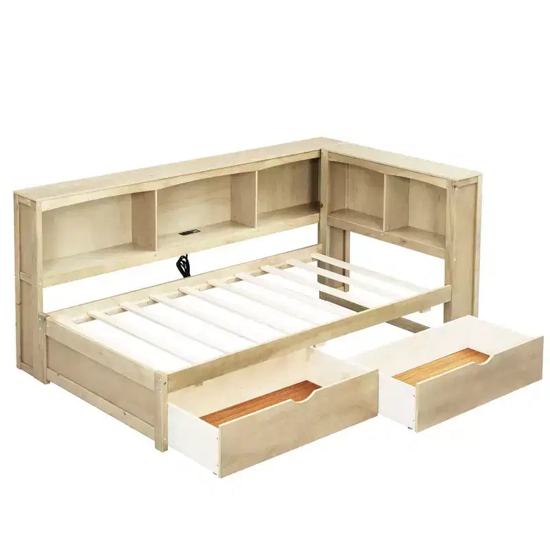 Cama nido individual blanca/de madera con cajones de almacenamiento, gabinetes y puertos USB – 1 persona