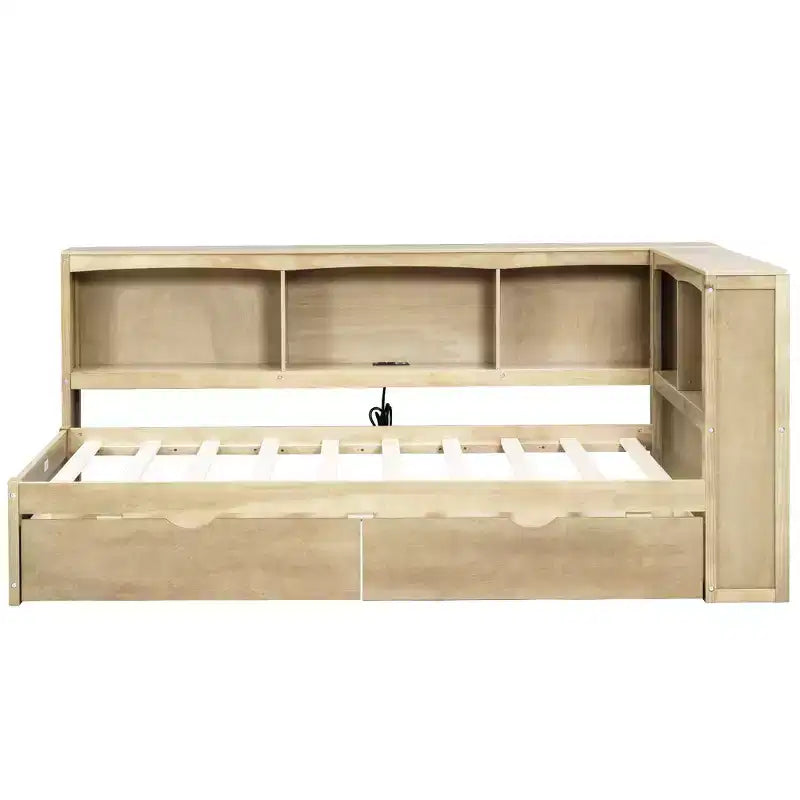 Cama nido individual blanca/de madera con cajones de almacenamiento, gabinetes y puertos USB – 1 persona