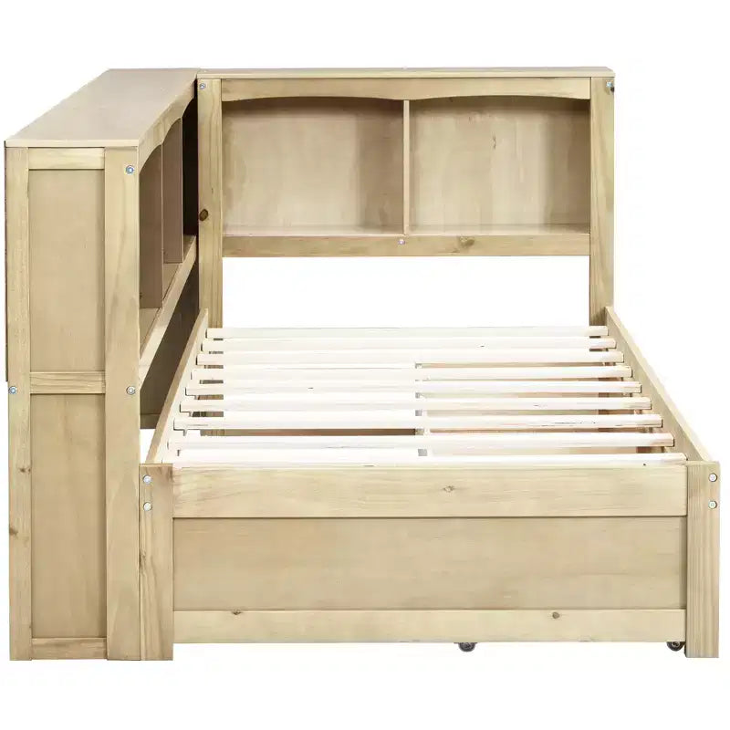 Cama nido individual blanca/de madera con cajones de almacenamiento, gabinetes y puertos USB – 1 persona