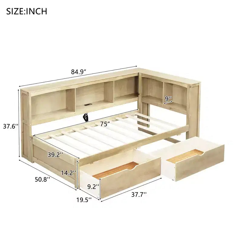 Cama nido individual blanca/de madera con cajones de almacenamiento, gabinetes y puertos USB – 1 persona