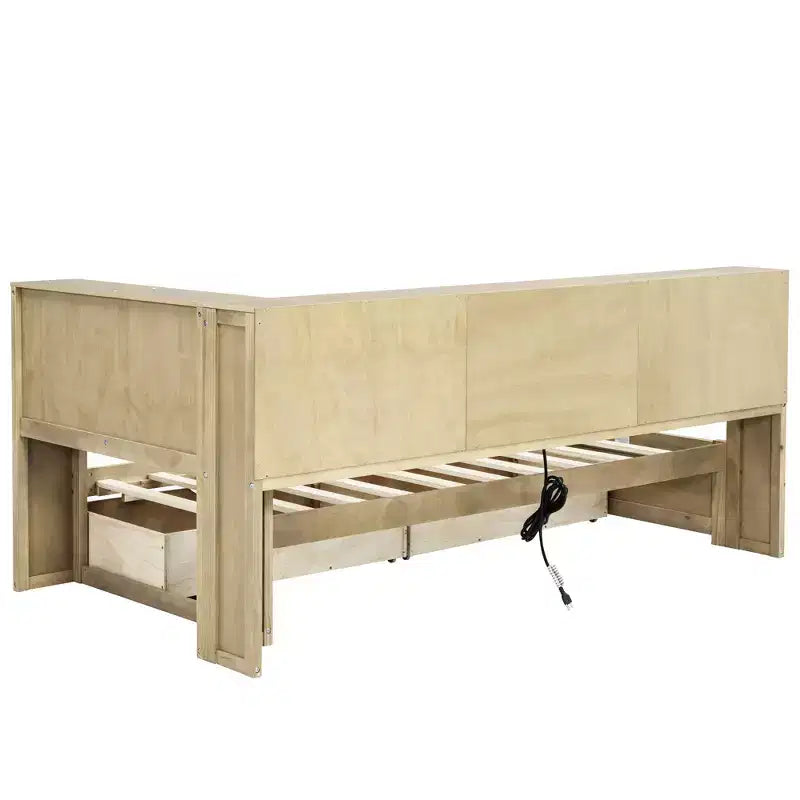 Cama nido individual blanca/de madera con cajones de almacenamiento, gabinetes y puertos USB – 1 persona