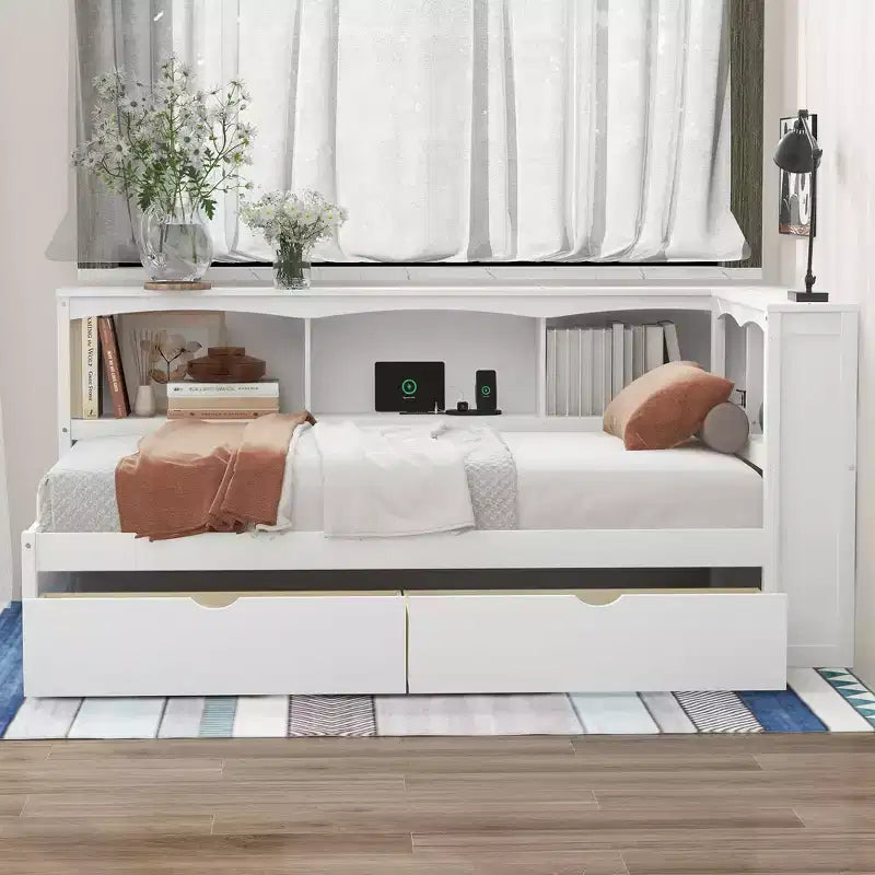 Cama nido individual blanca/de madera con cajones de almacenamiento, gabinetes y puertos USB – 1 persona