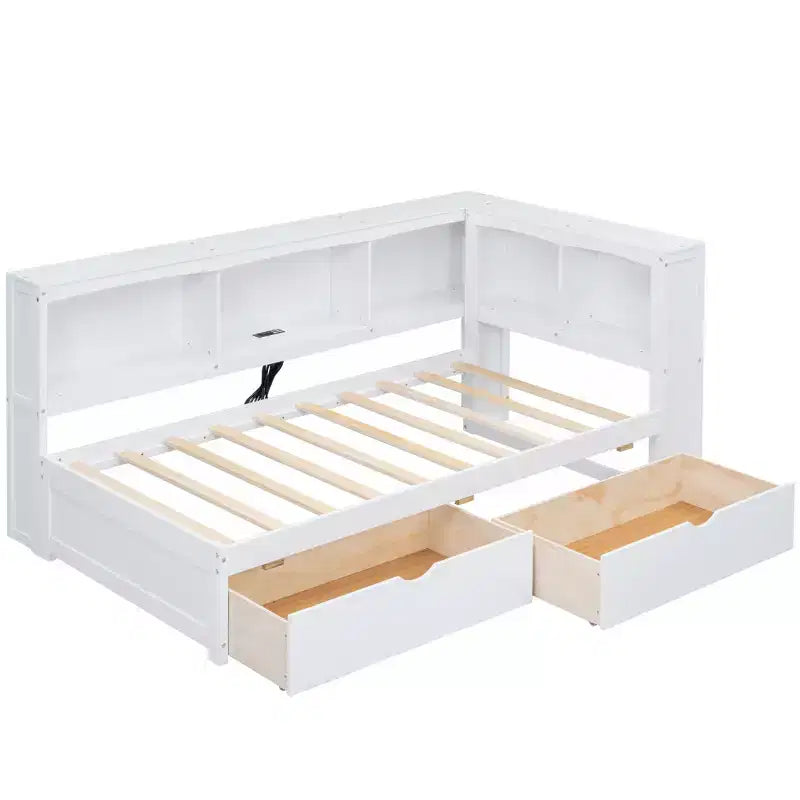 Cama nido individual blanca/de madera con cajones de almacenamiento, gabinetes y puertos USB – 1 persona