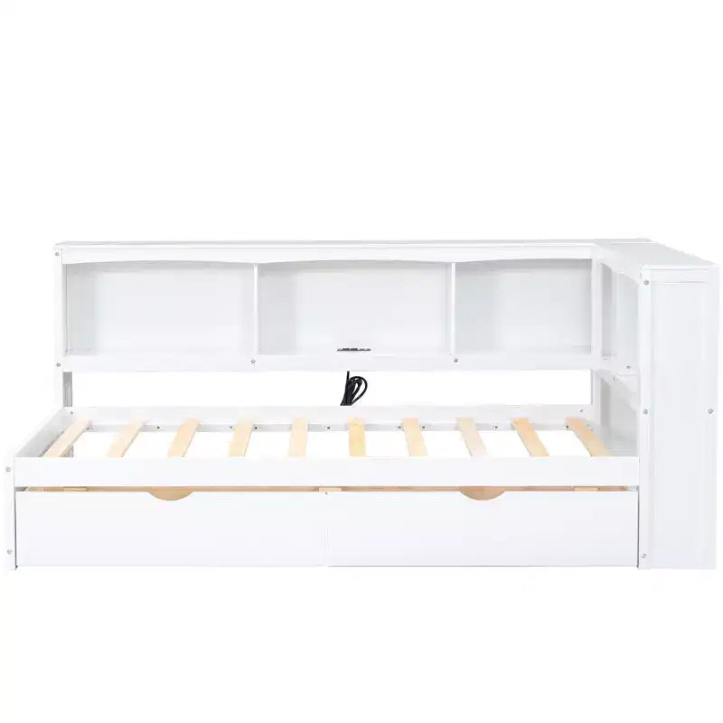 Cama nido individual blanca/de madera con cajones de almacenamiento, gabinetes y puertos USB – 1 persona