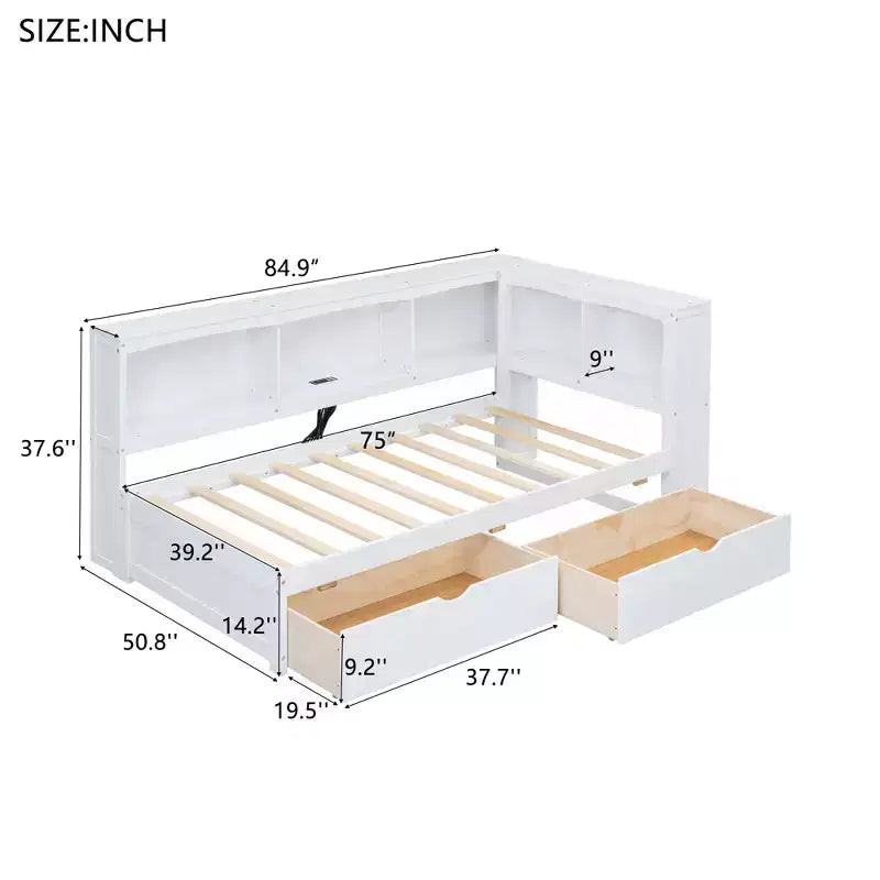 Cama nido individual blanca/de madera con cajones de almacenamiento, gabinetes y puertos USB – 1 persona