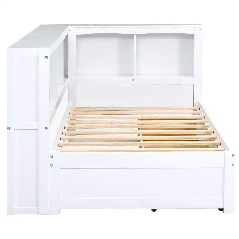 Cama nido individual blanca/de madera con cajones de almacenamiento, gabinetes y puertos USB – 1 persona