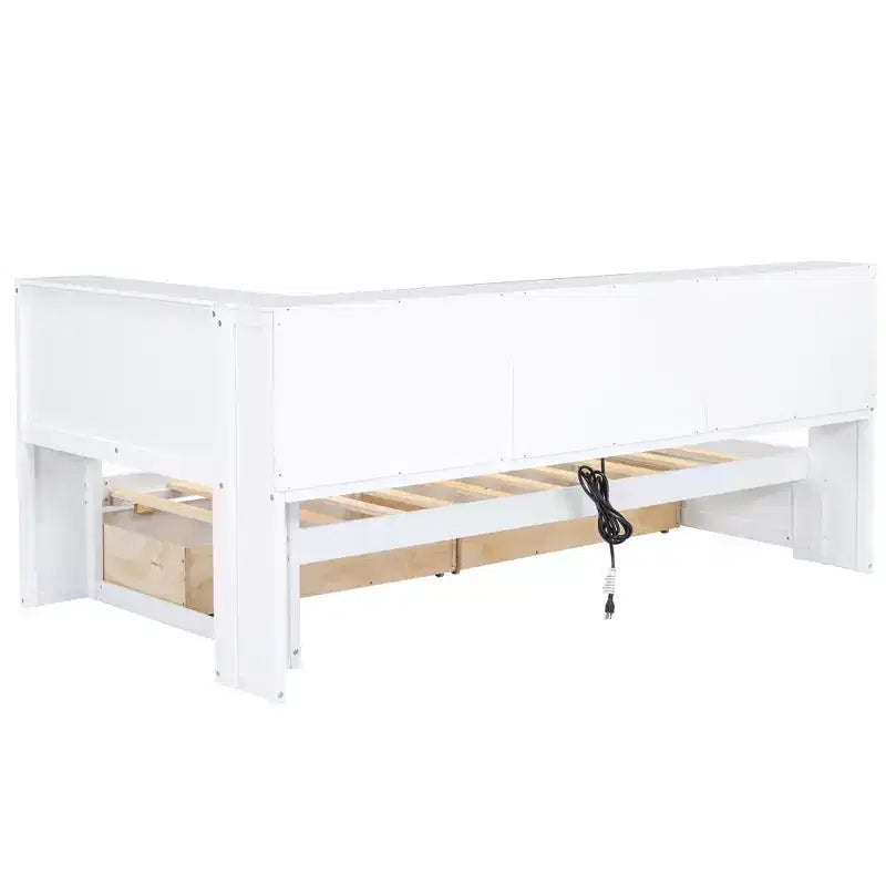 Cama nido individual blanca/de madera con cajones de almacenamiento, gabinetes y puertos USB – 1 persona