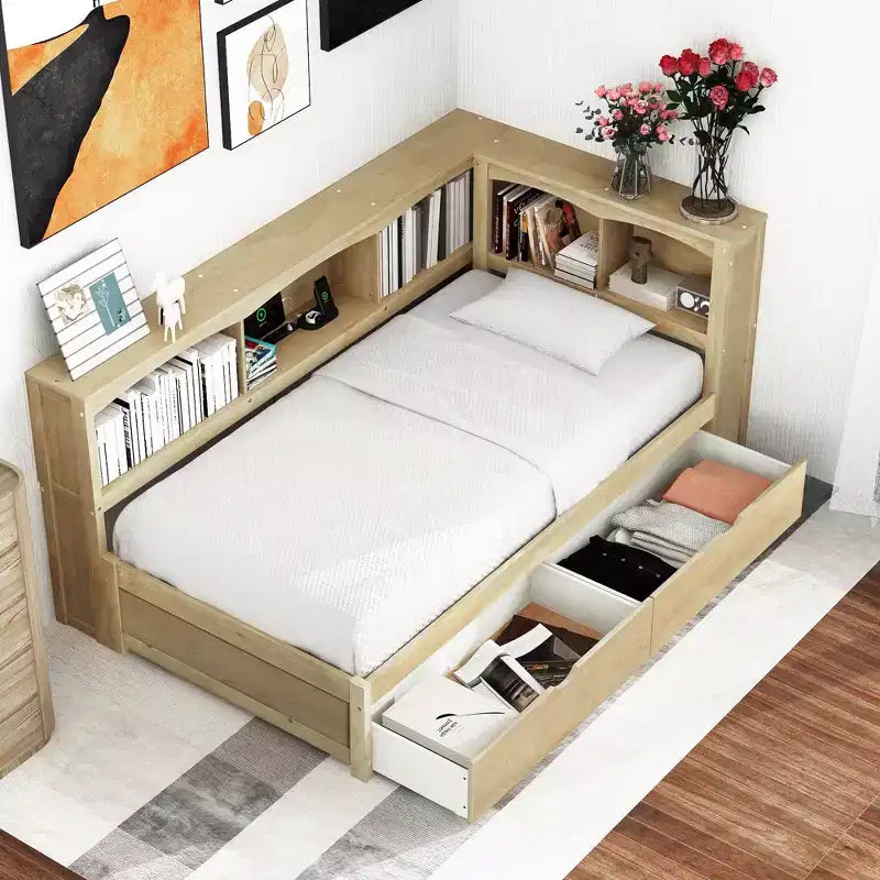 Cama nido individual blanca/de madera con cajones de almacenamiento, gabinetes y puertos USB – 1 persona