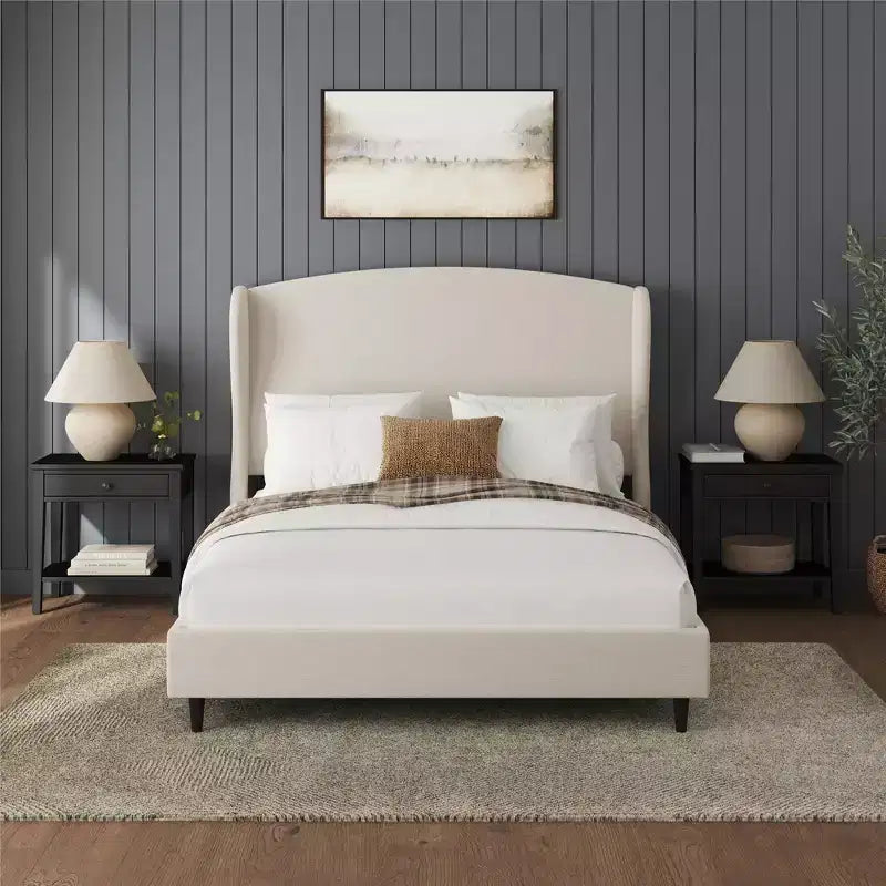 Base de cama tipo plataforma con respaldo alado de lino beige, tamaño queen, capacidad para 1 o 2 personas