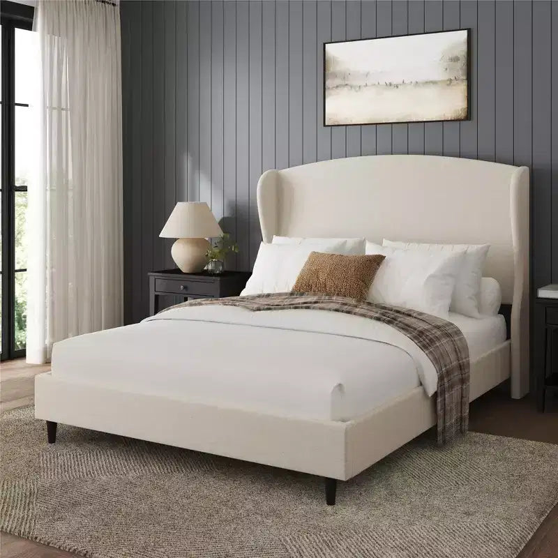 Base de cama tipo plataforma con respaldo alado de lino beige, tamaño queen, capacidad para 1 o 2 personas