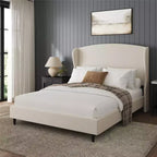 Base de cama tipo plataforma con respaldo alado de lino beige, tamaño queen, capacidad para 1 o 2 personas
