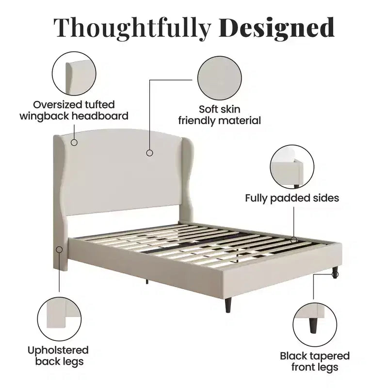 Base de cama tipo plataforma con respaldo alado de lino beige, tamaño queen, capacidad para 1 o 2 personas