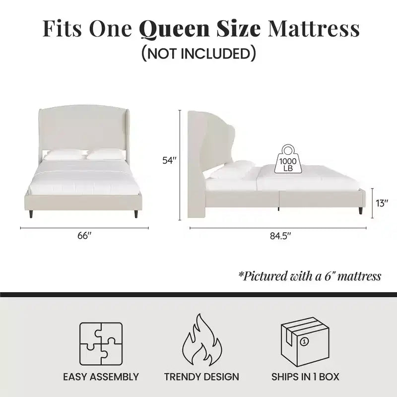 Base de cama tipo plataforma con respaldo alado de lino beige, tamaño queen, capacidad para 1 o 2 personas