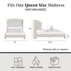 Base de cama tipo plataforma con respaldo alado de lino beige, tamaño queen, capacidad para 1 o 2 personas