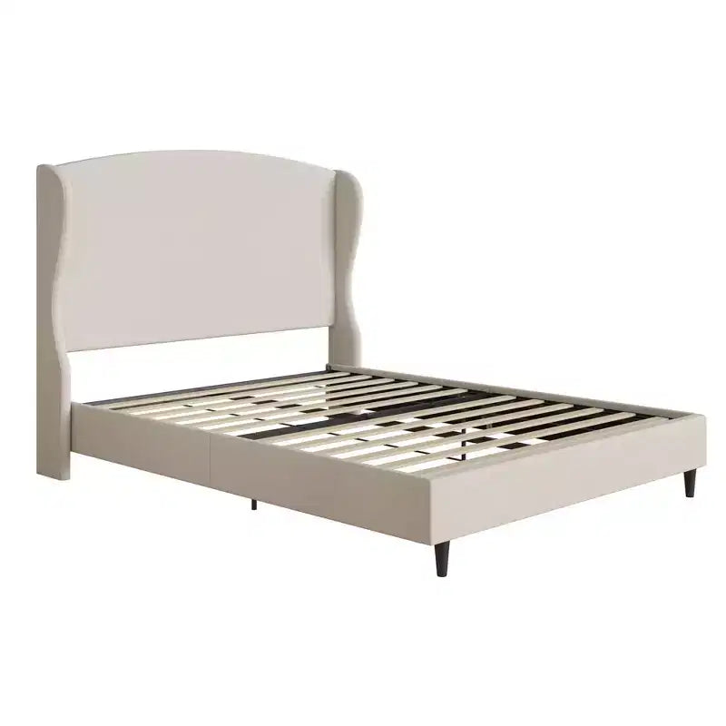 Base de cama tipo plataforma con respaldo alado de lino beige, tamaño queen, capacidad para 1 o 2 personas