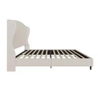 Base de cama tipo plataforma con respaldo alado de lino beige, tamaño queen, capacidad para 1 o 2 personas