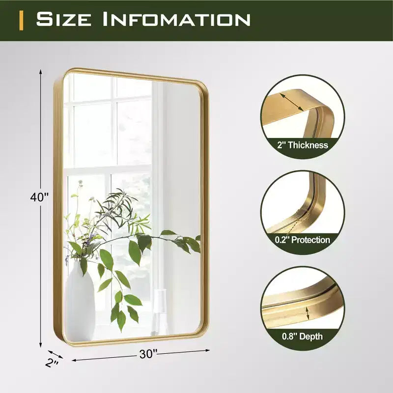Espejo de pared rectangular redondeado dorado, individual, 102×76×5 cm