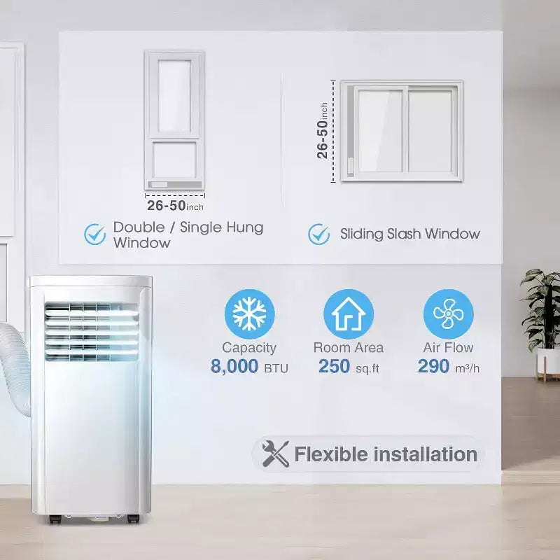 Climatiseur portable R.W.FLAME 8 000 BTU avec télécommande, climatiseur 3-en-1 avec affichage numérique, minuterie 24h, kit d'installation pour la maison
