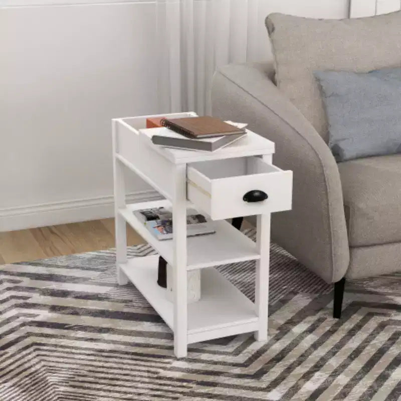 Mesa auxiliar estrecha blanca con tapa abatible y estante de almacenamiento, 1 pieza