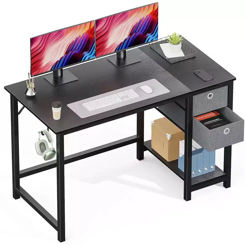 Computer Desk with Drawers 55 Inch Home Office Desk Writing Desk Work Desk PC Table Study Desk with 2-Tier Drawers Storage Shelf Side Hook