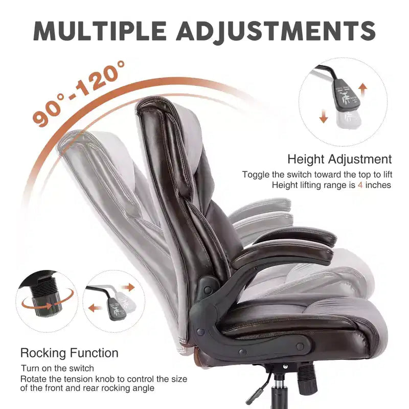 Silla de oficina de cuero sintético negro con reposabrazos plegables y soporte lumbar – 1 persona