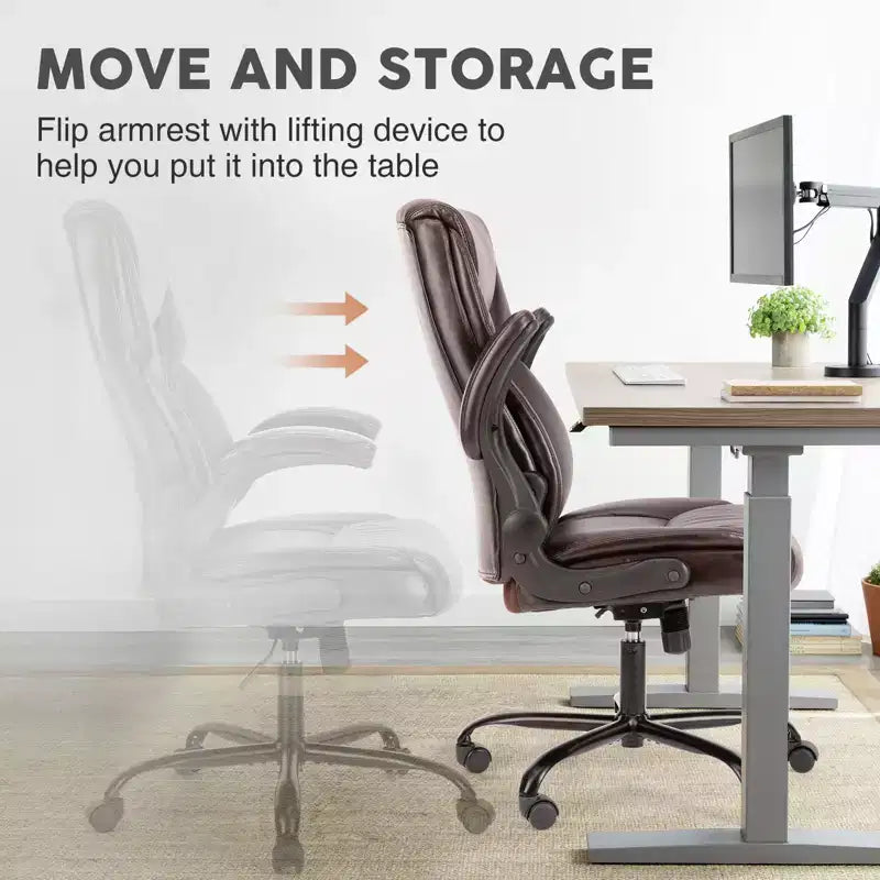 Silla de oficina de cuero sintético negro con reposabrazos plegables y soporte lumbar – 1 persona